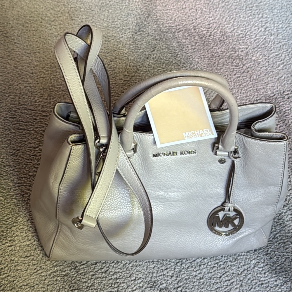 Michael Kors Silver Gray Convertible Satchel Bag. Care Card & Crossbody Strap!